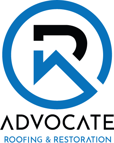The image contains a logo featuring the letter "R" inside a circular arrow, with the text "ADVOCATE ROOFING & RESTORATION" underneath in capital letters.