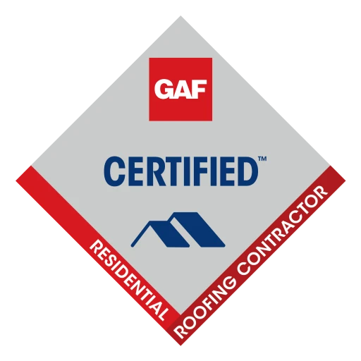 The image shows a logo for a GAF Certified Residential Roofing Contractor. The logo is diamond-shaped with red and blue accents and includes a house graphic.